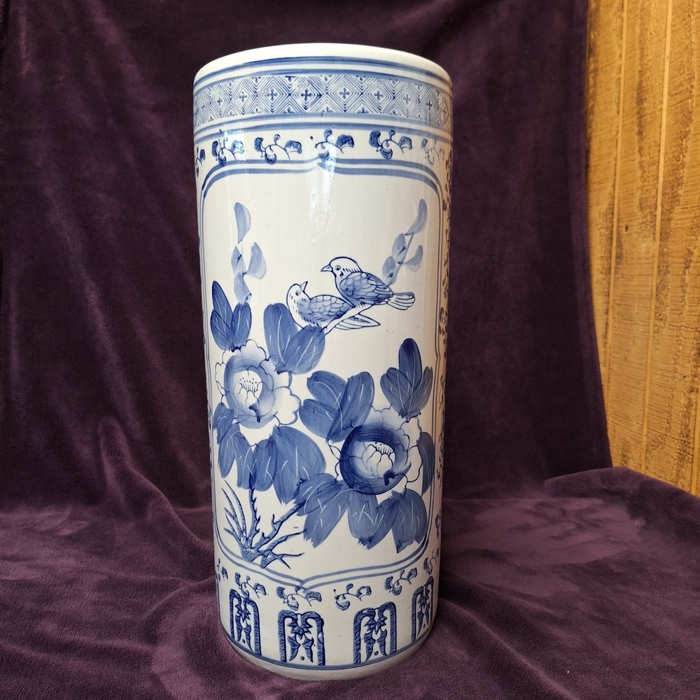 Blue and White Ceramic Floral Round Traditional Umbrella Stand 18" X 7" - Picture 3 of 9